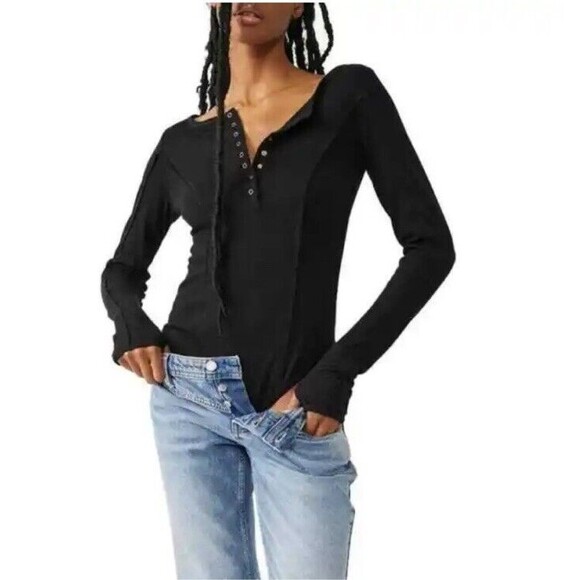 Free People Intimately Bodysuit Black Long Sleeve Sloane Size S Snaps Top Blouse - Picture 1 of 10